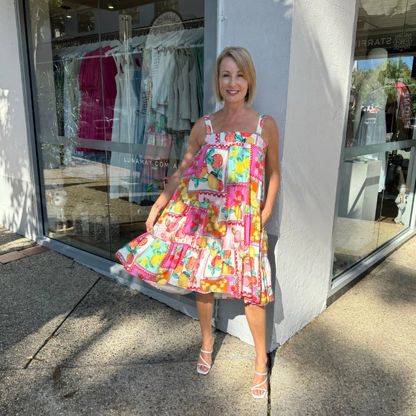 Rio Tiered Midi Sun Dress with a fun tropical print