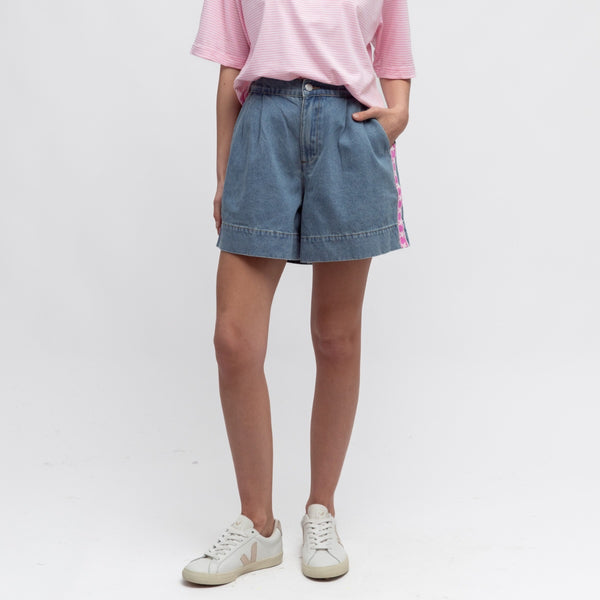 Our Side Stripe Denim Shorts are in a light blue wash.