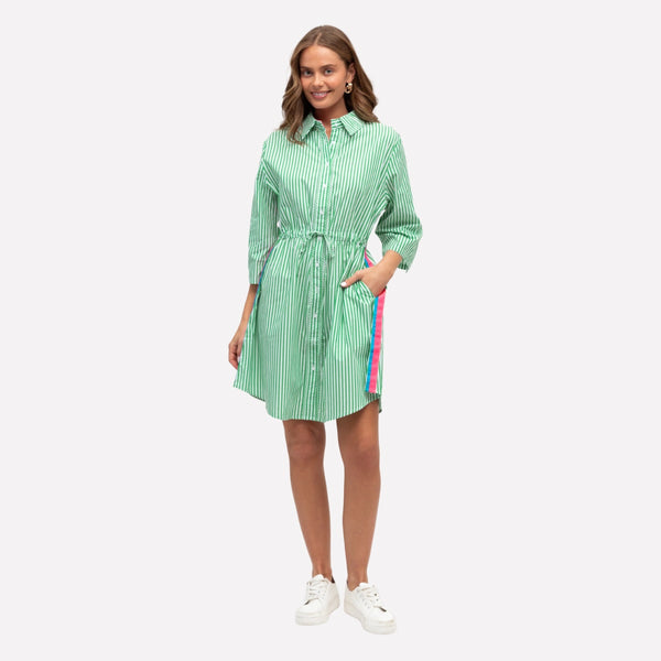 Our Stella Stripe Dress has green and white stripes and it features a collar, button front and half length sleeves.
