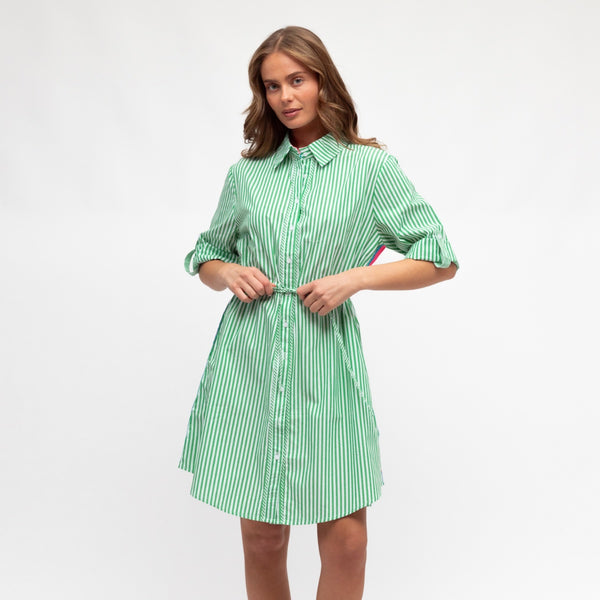 This stripe dress has a drawstring waist