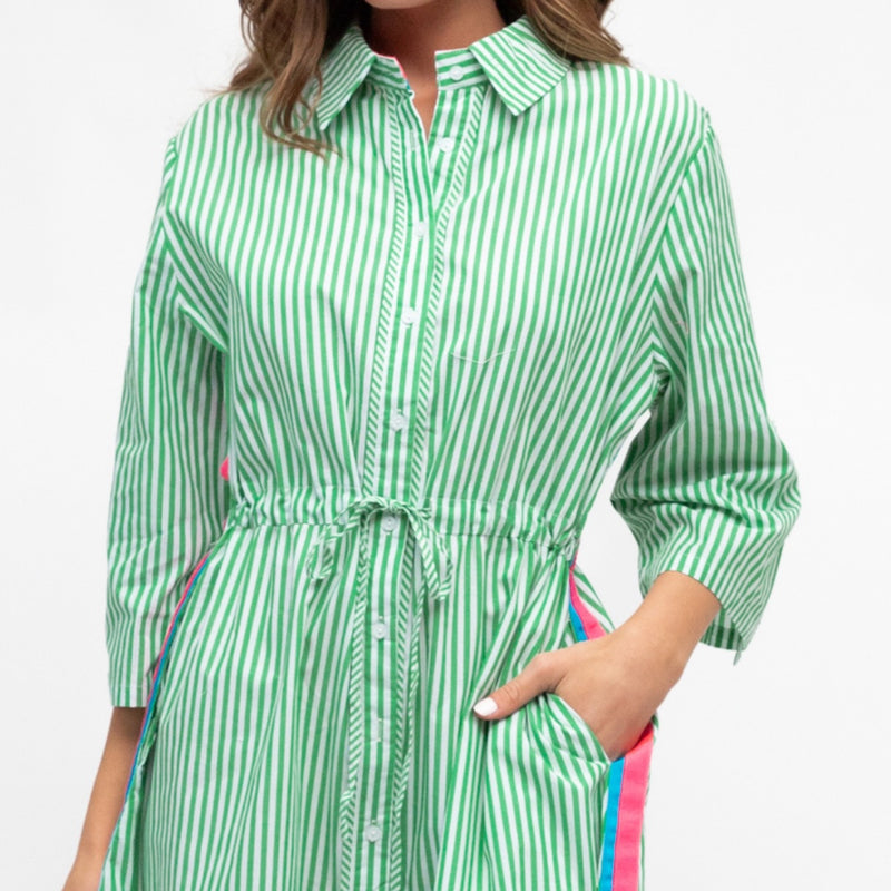 Close up of the bodice area. The dress also has a diagonal contrast stripe (green/white) down the button front and on the drawstring ties.