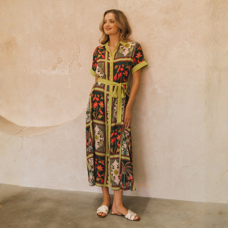 Tropical Rodeo Shirt Dress in a fab patchwork print with green, blue, cream and red tones.