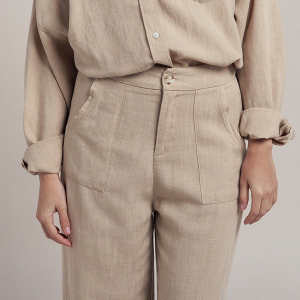 Close up of the pockets and zip, button closure.