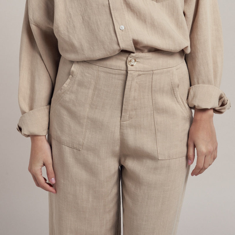 Close up of the pockets and zip, button closure.