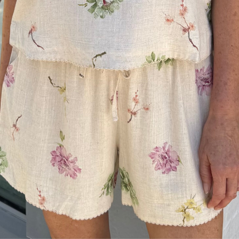 Close up of the gorgeous scalloped embroidery detailing on the hem of the shorts.