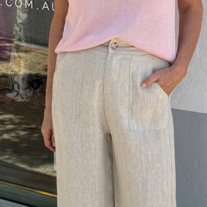 Close up of the upper front - it has a button & zip closure, front pockets and a flat waistband (front only).