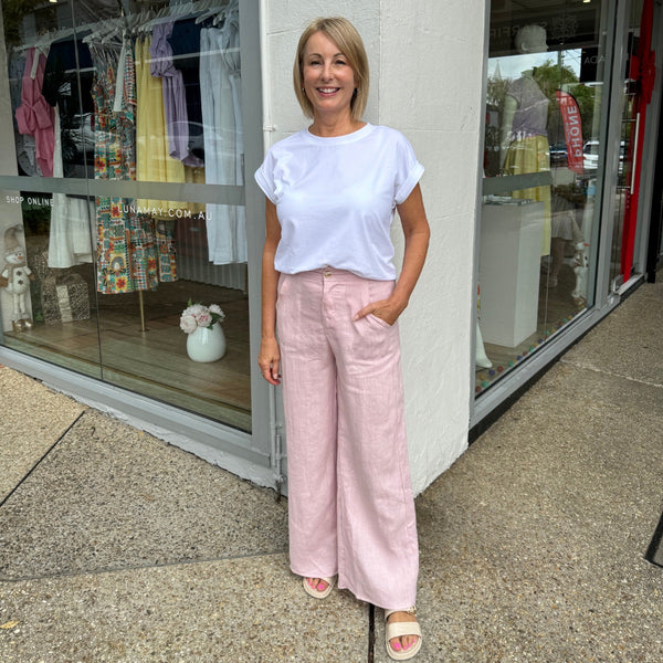Jude Linen Pants in pink worn with our Rhodes tee in white
