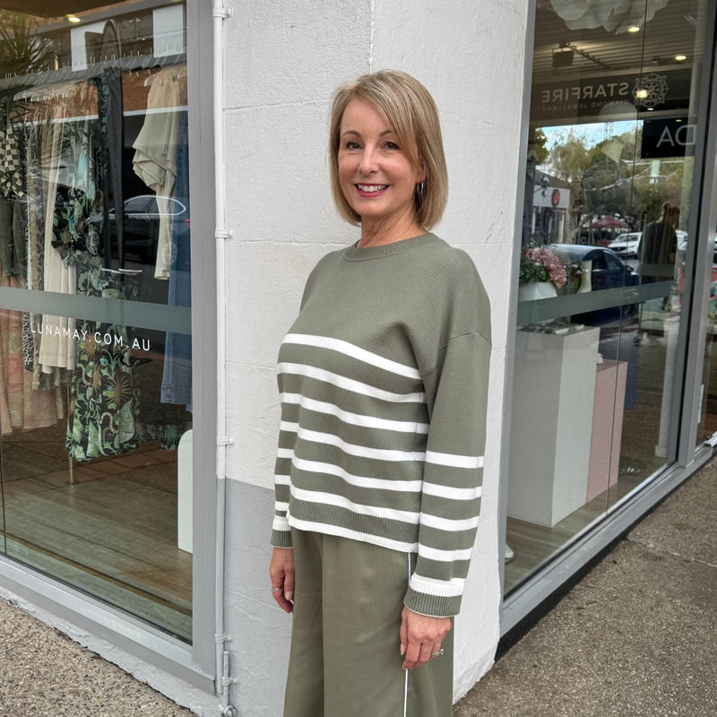Side view of the stripe jumper - it has a round neckline, drop shoulder, long sleeves and a loose fit body.