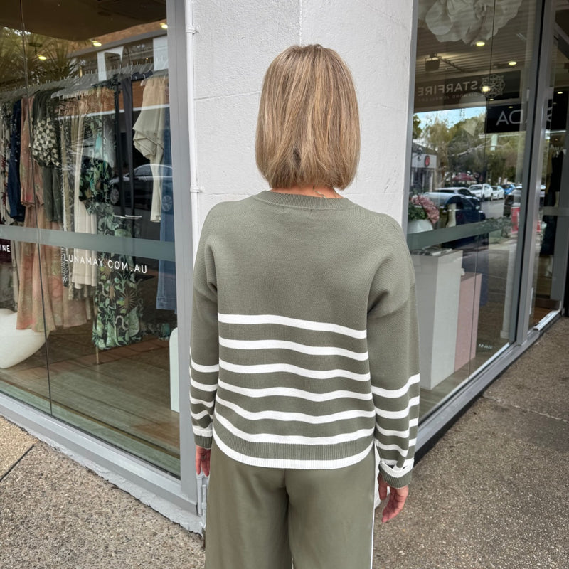 Back view of the stripe jumper.  The stripes extend across to the body to the sleeves.