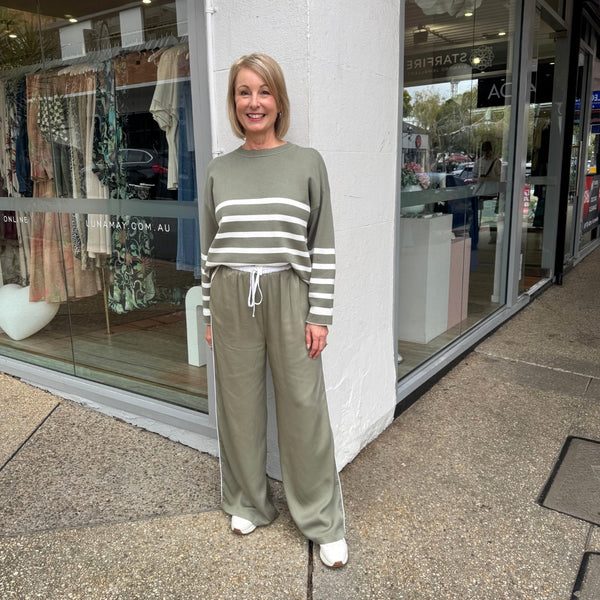 These pants can be worn with the Lottie Stripe Sweater, also in khaki and white.