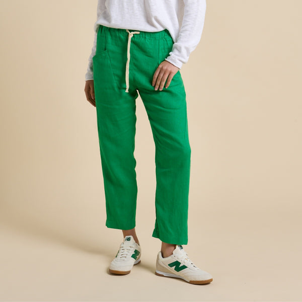Our Luxe Linen Pants are available in a bright green colour. 
