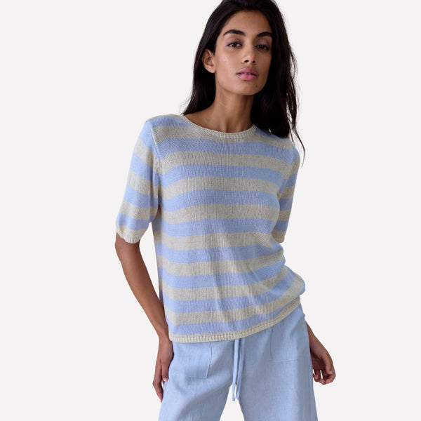 Our Summer Stripe Knit Tee with blue and natural coloured stripes.