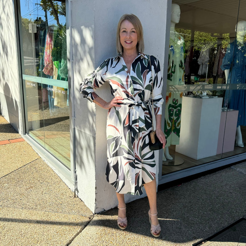 Tropics Shirt Dress with a bold print in white, black, green and brown