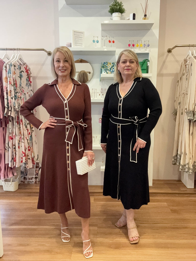 Showcasing different sizes: Tanya (left) wearing Size 8 in chocolate brown and Jill (right) wearing a Size 14 in the black.