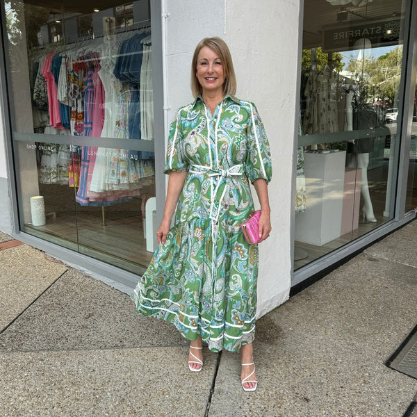 Constance Maxi Dress in a green paisley print