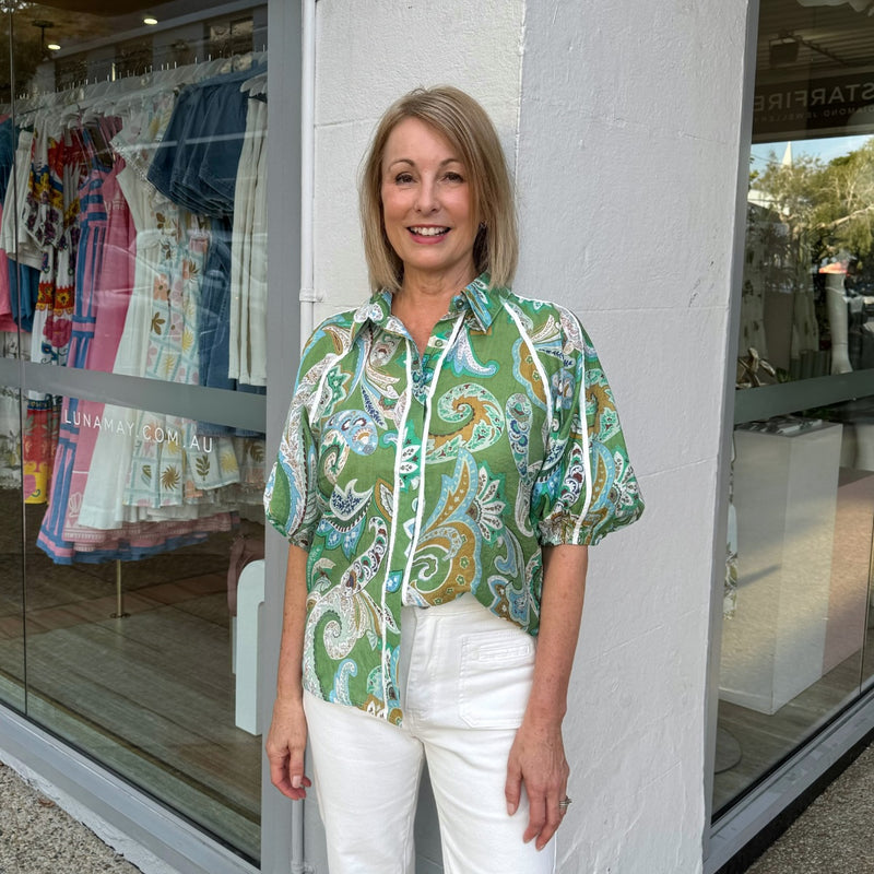 Constance Shirt in a green paisley print