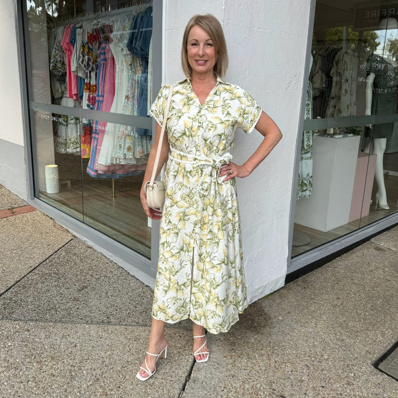 Imola Midi Dress in a lovely lemon print