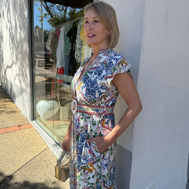 Kacey Midi Dress (Blue Tile)