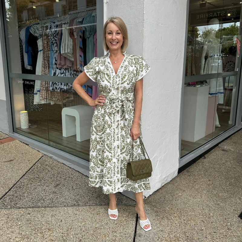 Kacey Midi Dress in a lovely white, khaki and taupe print