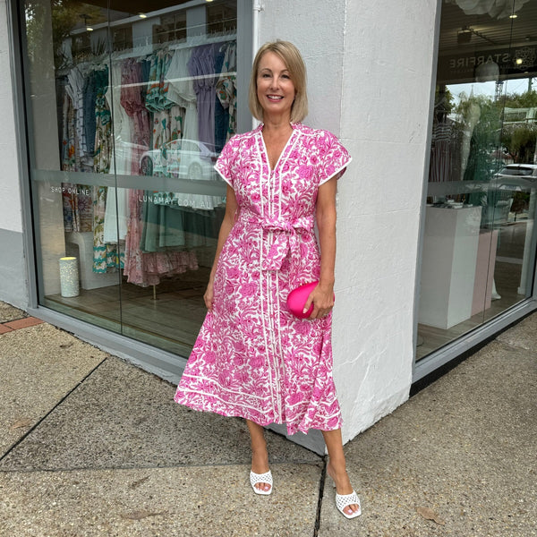 Kacey Dress in a pink and white floral print