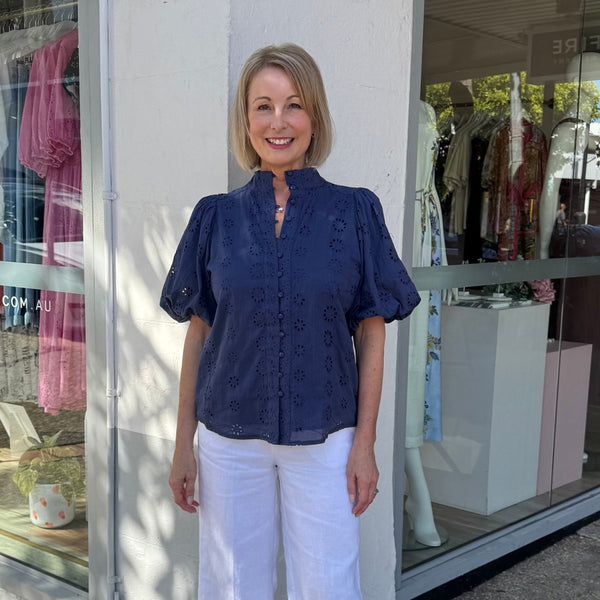 Our Marcello Broderie Top in navy.