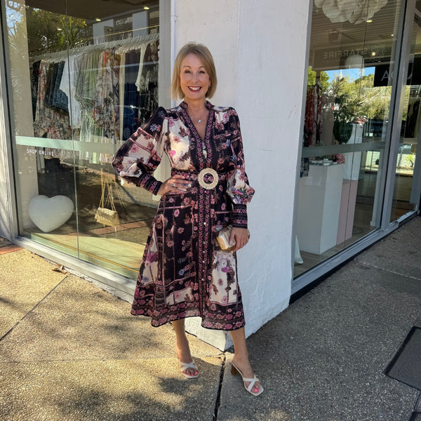 Midnight Dreams Dress in a patchwork print with black, cream and pink tones.