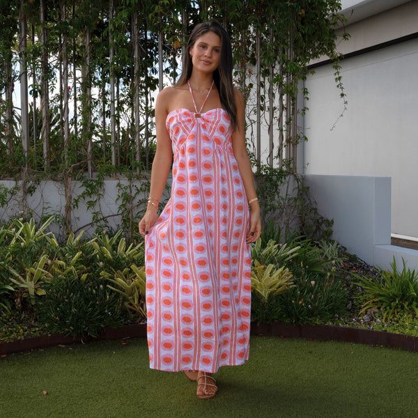 Georgia Maxi Dress by Luoni.  This dress has an exclusive aurora pink print.