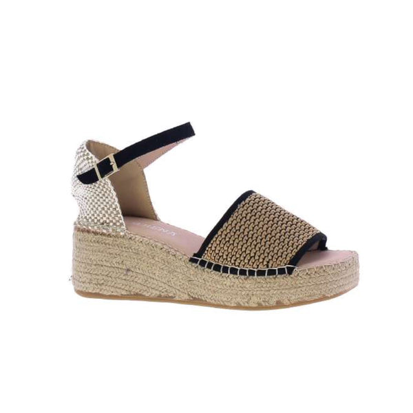 Anisa Raffia Espadrille Wedges with a black and cream raffia look strap and a jute wedge.