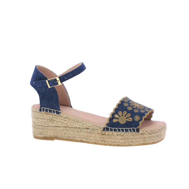 Jaki Denim Espadrille Wedges in a blue denim fabric with pale gold floral cut-out design