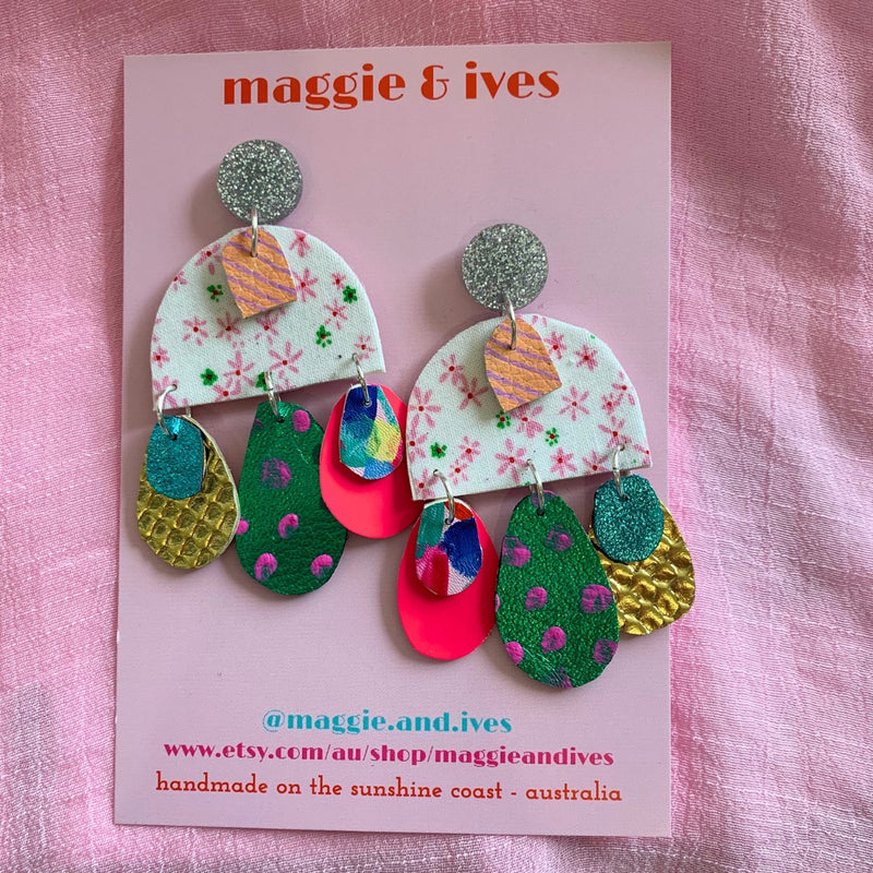 Maggie & Ives Sunny Days Dangle Earrings in fab multi coloured fabrics and resin