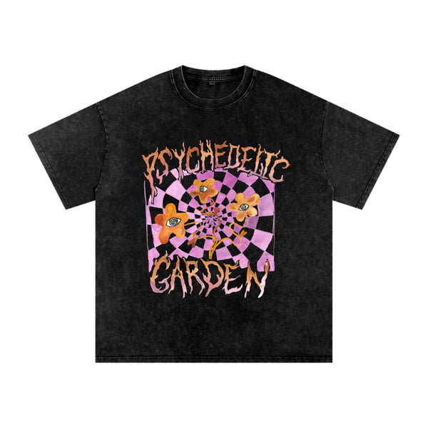 Close up of the artist drawn psychedelic garden print.
