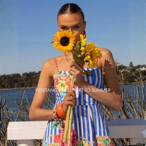This dress has fab blue and white stripes with a floral print.