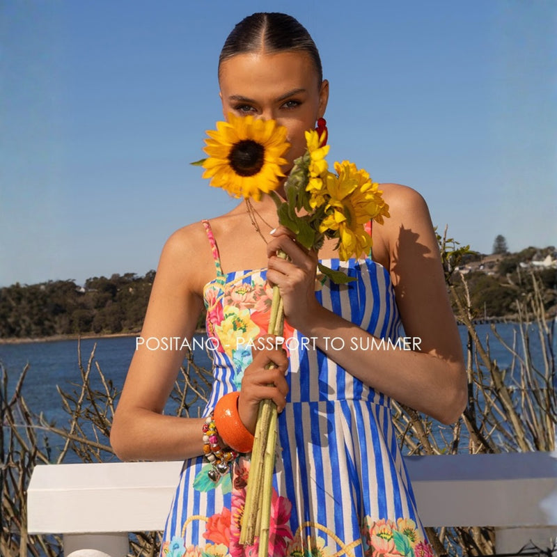 This dress has fab blue and white stripes with a floral print.