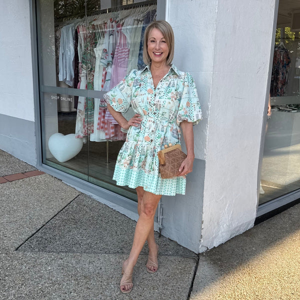 Sweet Escape Dress - this mini dress has a lovely pale green print.