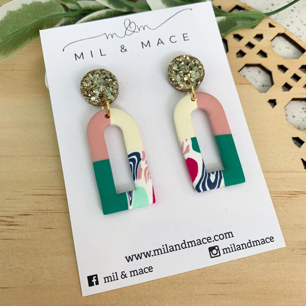 Arches Abstract Clay Dangle Earrings in pink, green and cream with a gold resin stud
