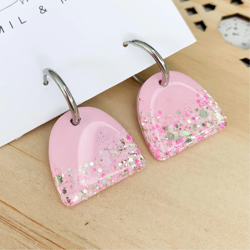 Arches Resin Earrings with a pink background and silver and gold speckles