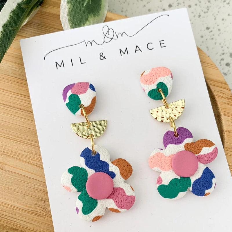 Autumn Squiggles Floral Clay Dangle Earrings with multi colours (pink, white, green and blue)