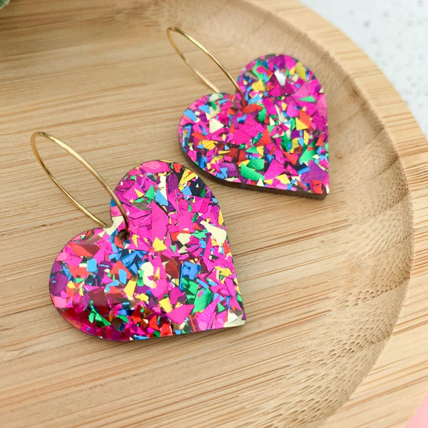 Carnival Glitter Heart Resin Earrings with pink, green, blue and gold speckles