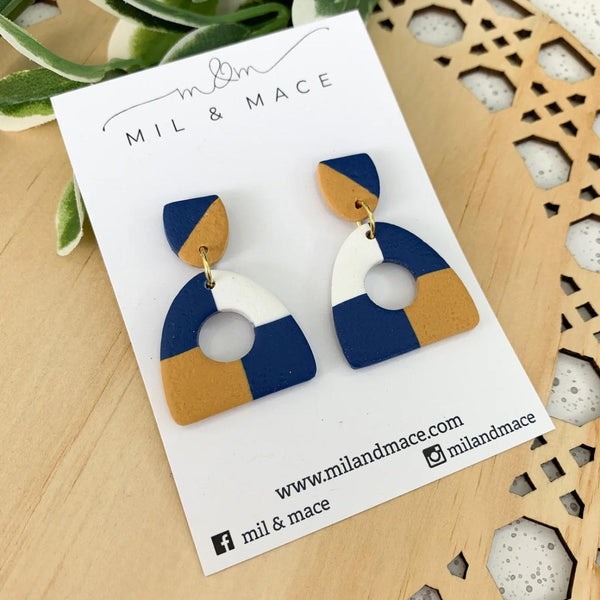 Mil & Mace-Checkers Clay Dangle Earrings in navy, mustard and white