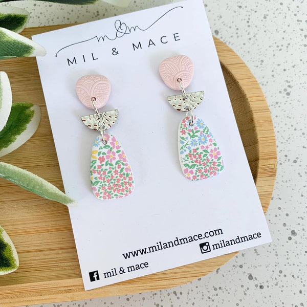 Mil & Mace-Floral Clay Dangles Earrings in pink, green and white