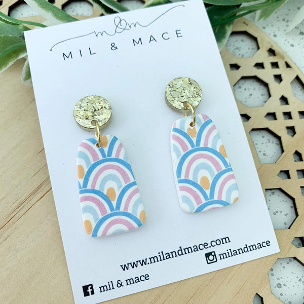 Pastel Rainbow Clay Dangle Earrings in pink, blue, yellow and white with a gold resin stud