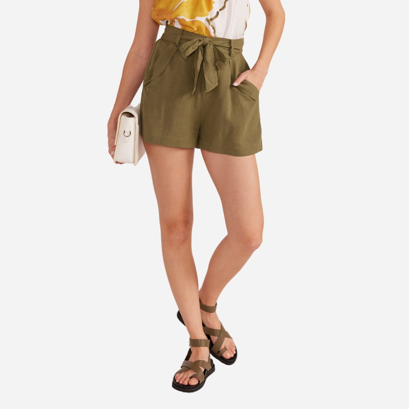 Our Amara Shorts in a khaki colour have a lovely tailored look.