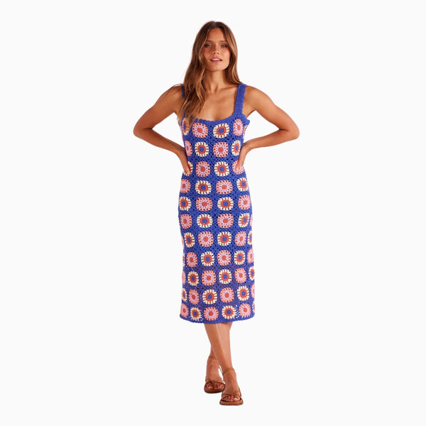 Betsy Crochet Midi Dress has a fun square crochet design in blue, cream, lilac and pink