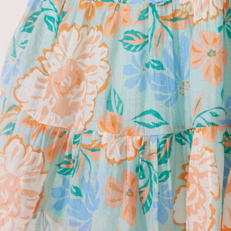 Close up of the fabric with a beautiful floral print in mint, blue, green, peach and white