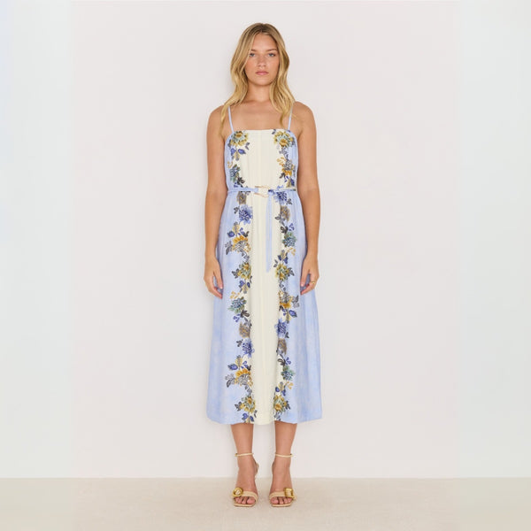 Our Lucia Floral Midi Dress has a lovely water-coloured inspired floral print (blue/cream tones).