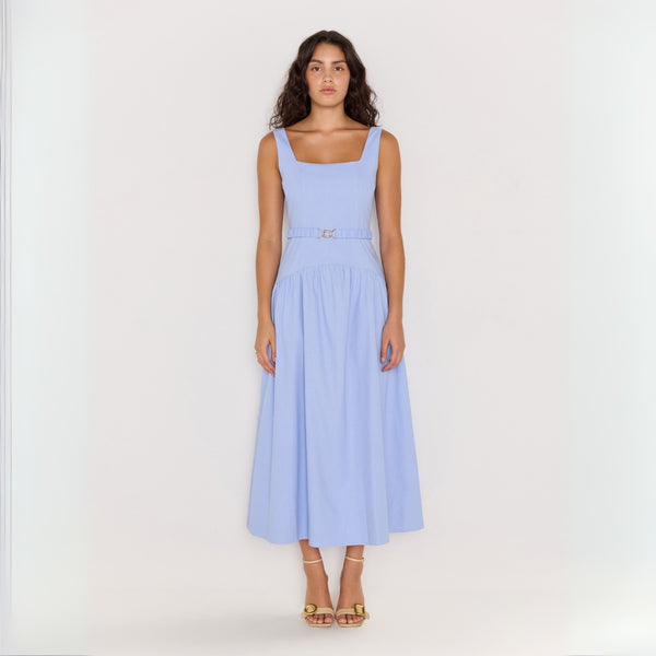 Our Luella Belted Midi Dress in a sky blue colour.