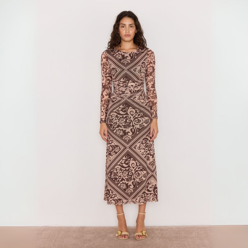 Our Lumi Mesh Dress is in a lovely chocolate baroque print.
