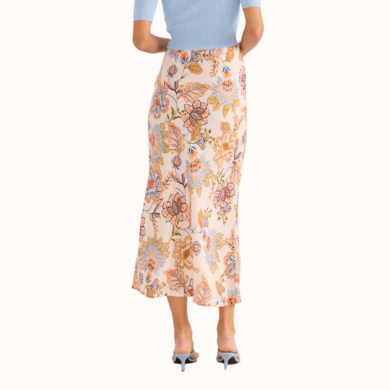 Back view of the bias cut floral skirt.