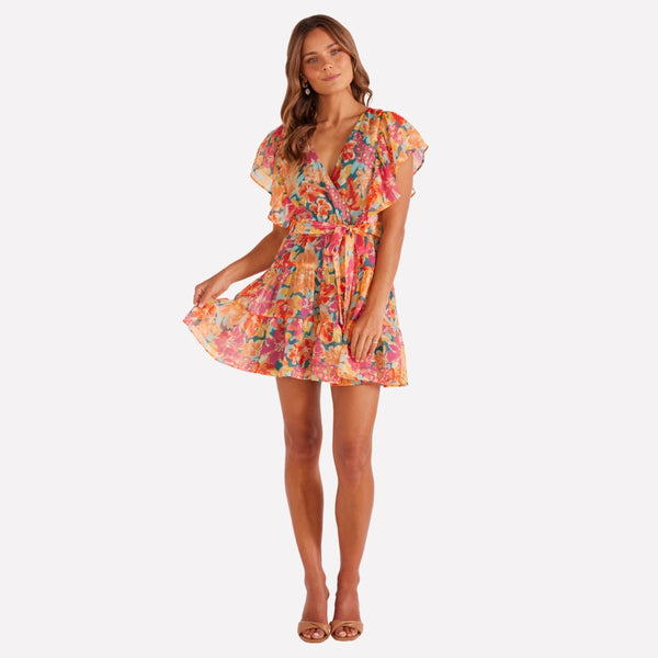 Valla Floral Mini Dress with a faux wrap bodice, elasticated waist and a short tiered skirt
