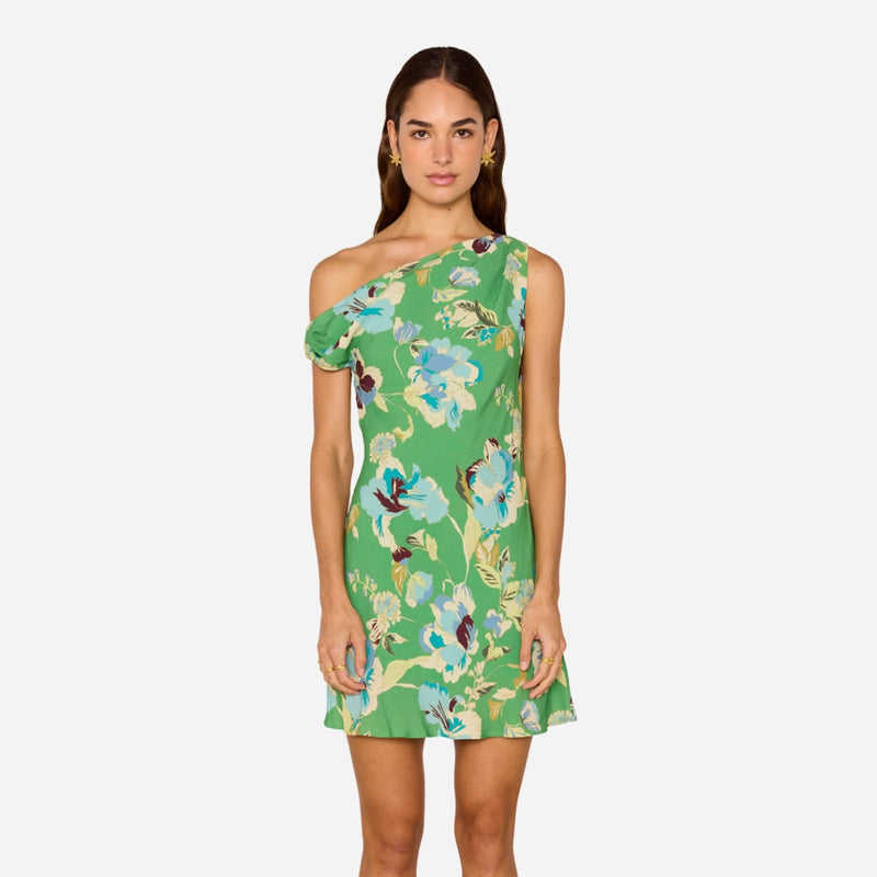 Zoe Asymmetric Mini Dress (Green Floral)